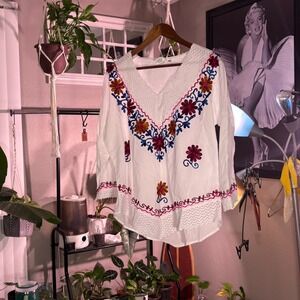 Shubham White Embroidered Boho Peasant Blouse XXL Floral Folk Cotton Top